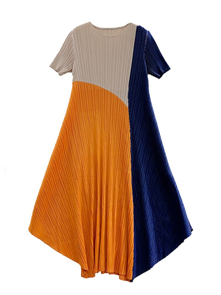 Pleated Dress For Women Contact Color Round Neck Short Sleeves A-line Dresses Casual Female Clothing