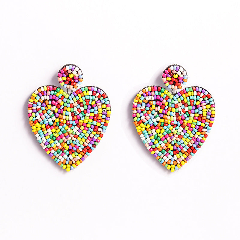 Creative National Style Earrings Women's Color Love Earrings Bohemian Handmade Cloth Heart-Shaped Rice Bead Earrings