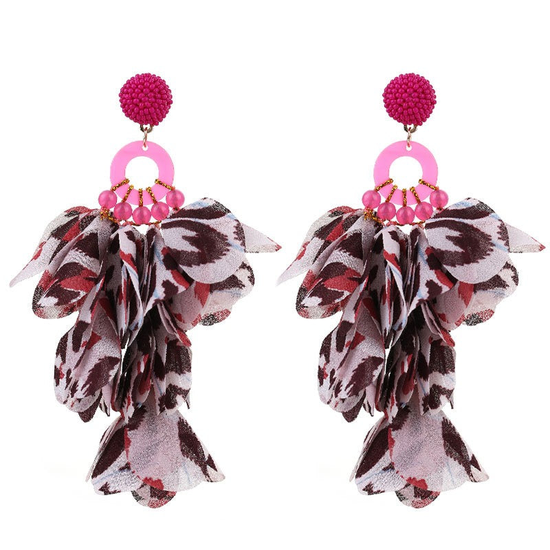 Handmade fabric floral earrings with exaggerated leopard print tassel earrings