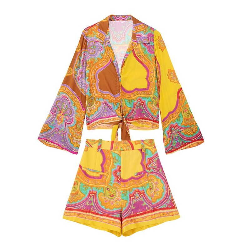 Summer Women Printed Suits Traf Knot Casual Blouses V Neck Loose Shirt + Midi Skirt 2 Piece Sets Female Chic Tops