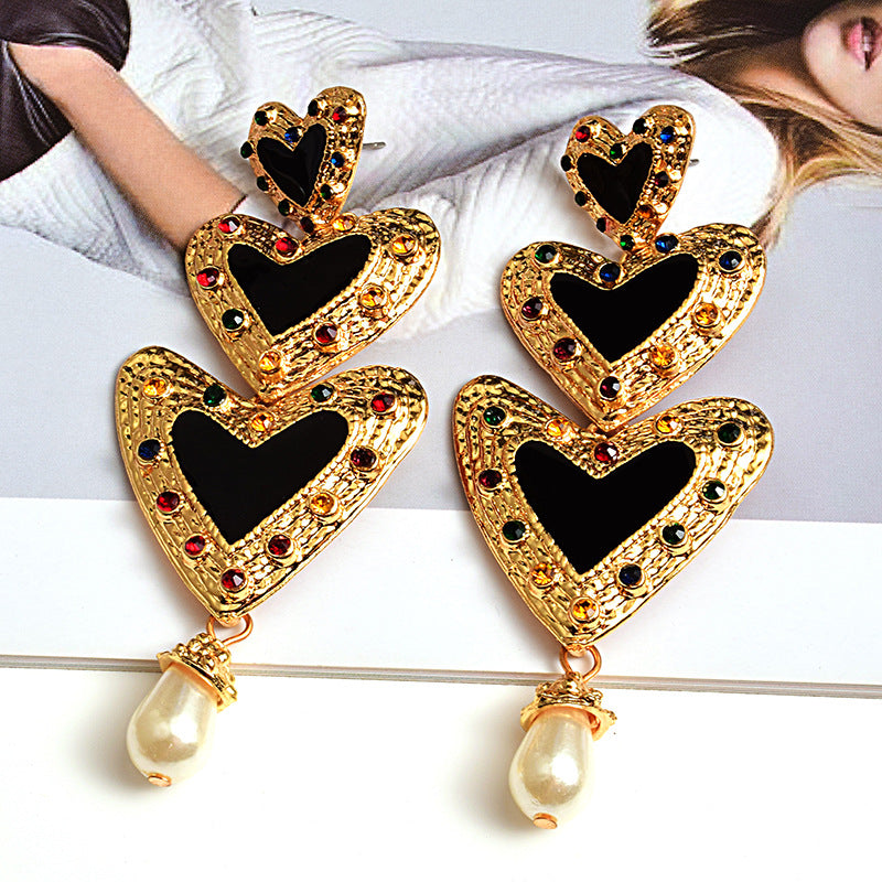 Fashion Earrings Metal Diamond Heart Pearl Earrings Jewelry
