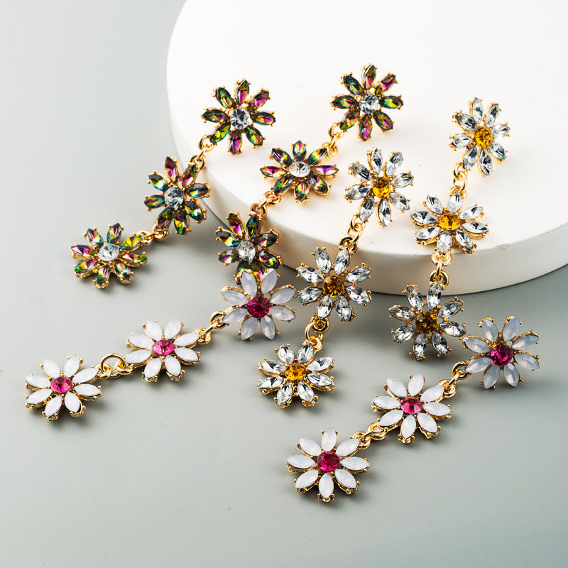 Personality Exaggerated Multi-Layer Alloy Inlaid Rhinestone Flower Earrings Ladies Long Temperament New Earrings