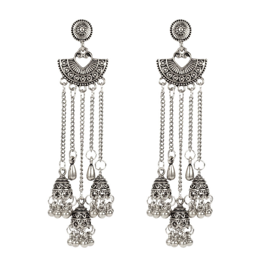Alloy Tassel Long Earrings Heart-Shaped Fan Bell Earrings Ethnic Style Earrings Women