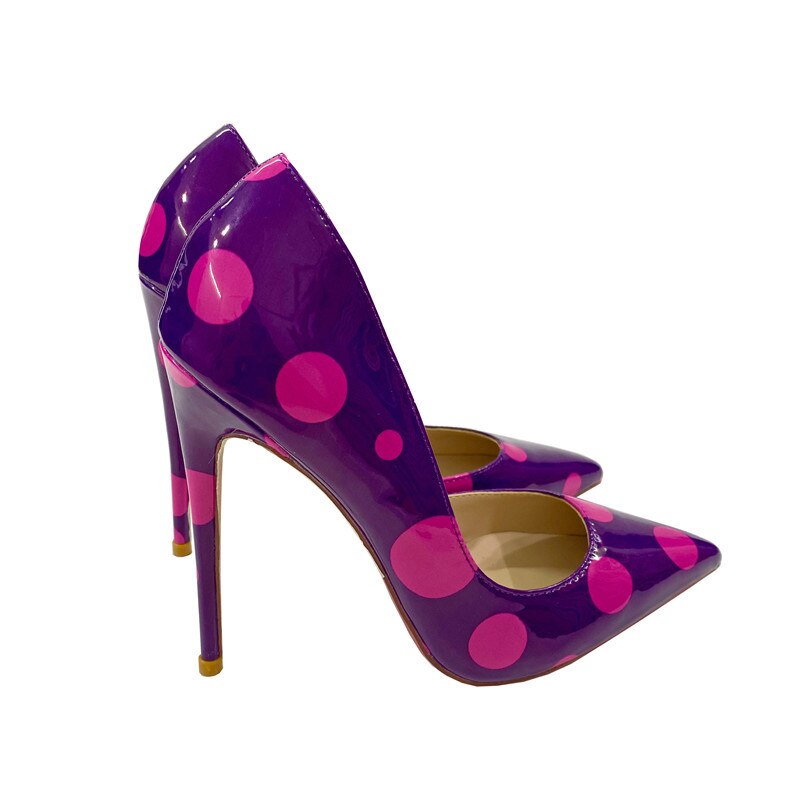 Fuchsia Polka Dot Women Purple Patent D'Orsay Pointy Toe High Heel Party Wedding Shoes Elegant Stiletto Pumps 8-12cm