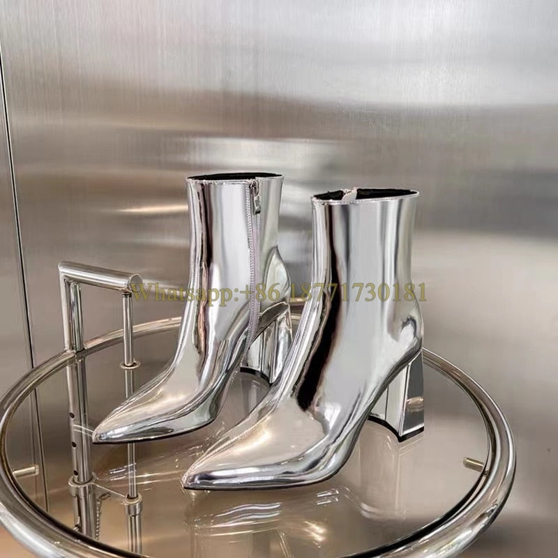 Silver Pointed Chunky Heel Ankle Boots Woman Winter Side Zip High Heel Boots Fashion Block Heel Boots Shoes for Women