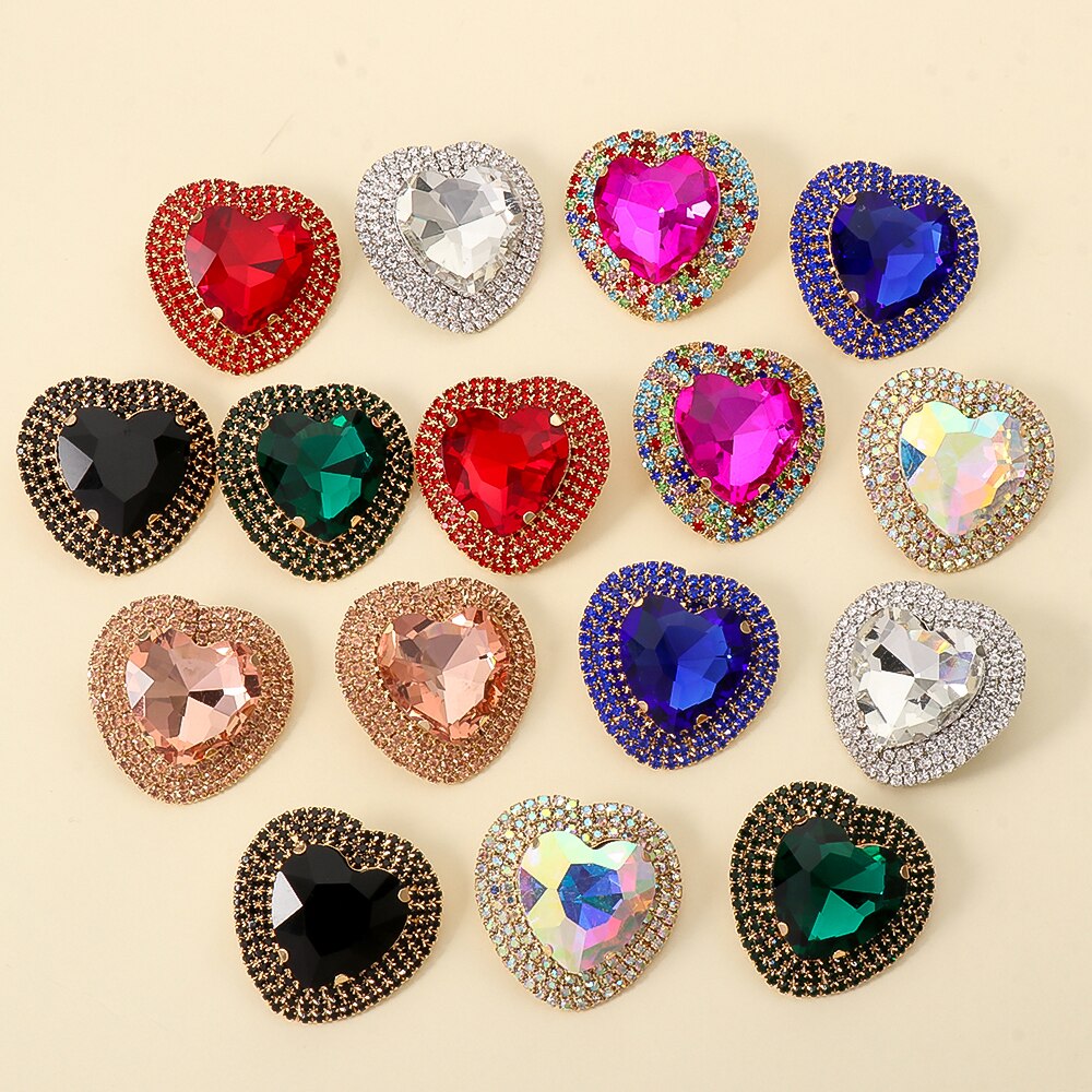 Baroque Full Stone Crystal Metal Multicolored Stud Earrings Heart Shape Wedding Earrings for Women Trend Pendant