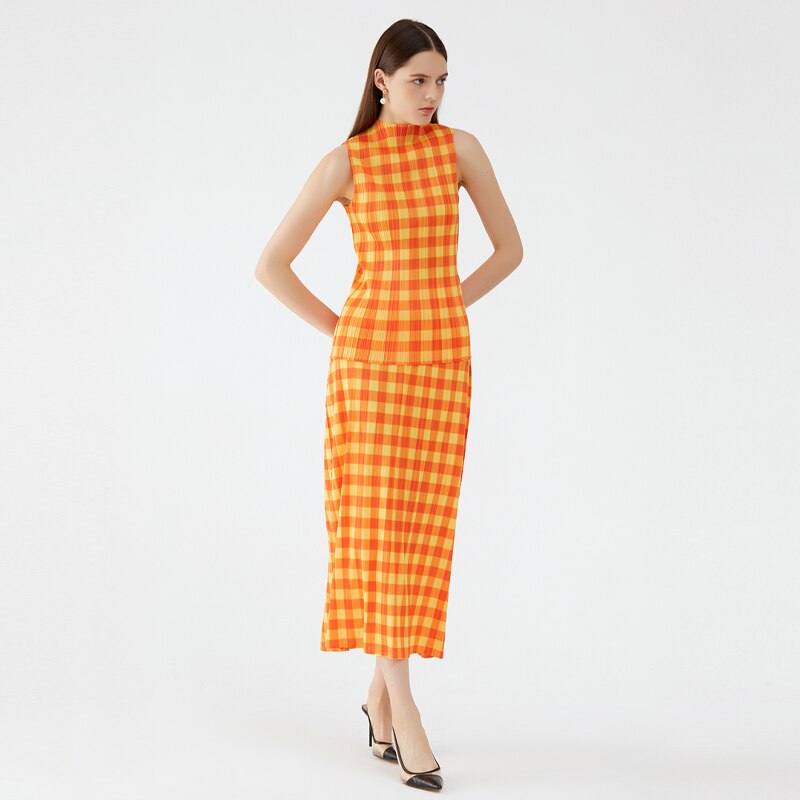 Pleated Orange Plaid Cropped Blazer Sets Winter Women 3 Piece Skirt Suits Elegant Aesthetic Clothes