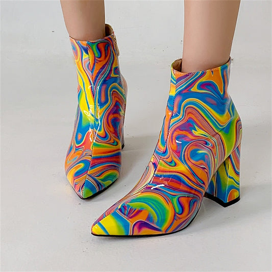 mix color women's ankle boots fashion trend pointed toe super chunky high heel side zipper chelsea boots