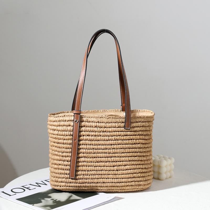 Bohemian Straw Splice PU Leather Women Shoulder Bag Natural Handmade Rattan Handbags Women's Bag Large Capacity Beach Straw Tote