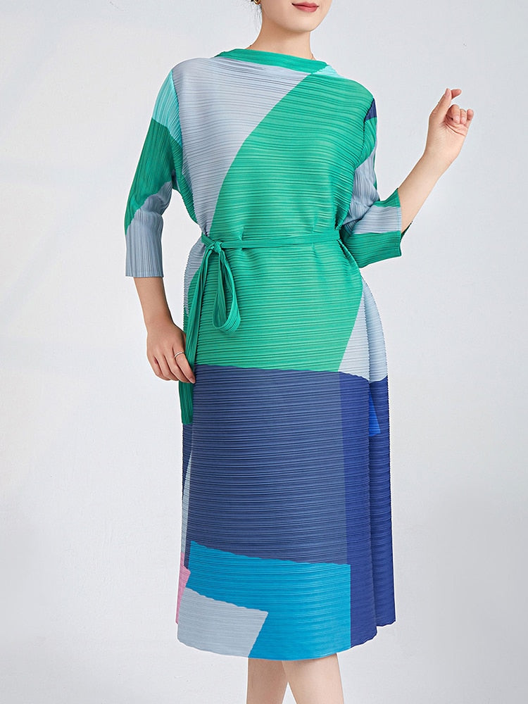 Pleated Belt Dress For Women Round Neck Long Sleeves Contrast Color Elegant Dresses Female Clothing
