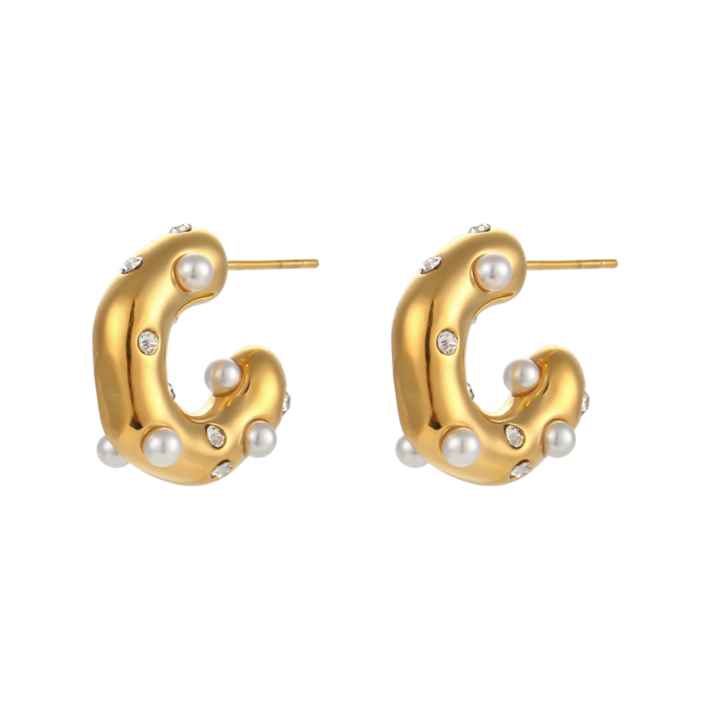 New Chunky Stainless Steel Gold Plated Earrings For Women Irregular Pearl Zircon Paved Thick Statement Earring Jewelry