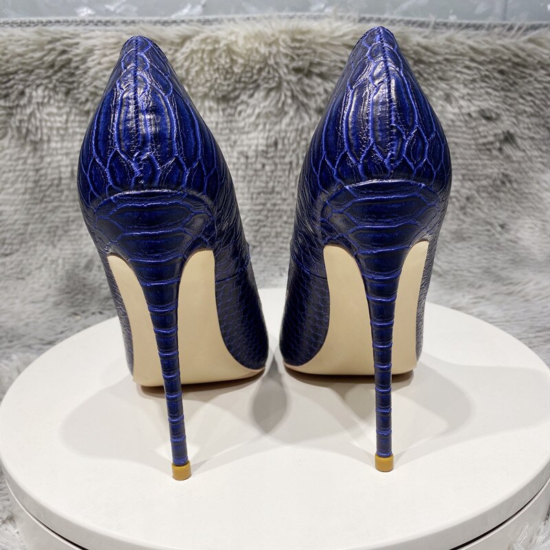 Navy Blue Crocodile Effect Pattern Women Sext Pointy Toe High Heel Shoes Chic Ladies Slip On Stiletto Pumps