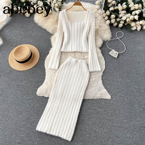 Women Gentle Knitted Two Pieces Suits Soft Sweater Short Top+High Waist Midi Long Skirt Suits Elastic Slim Winter Sets