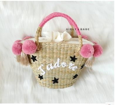 Beach Bag for Women Cute Handmade Straw Bags tassels pom pom Summer Vacation Handbags Drawstring Basket Bag Travel Tote