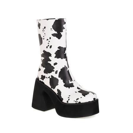 Cow Pattern Colorblock Platform Chunky High Heel Women's Mid Boots