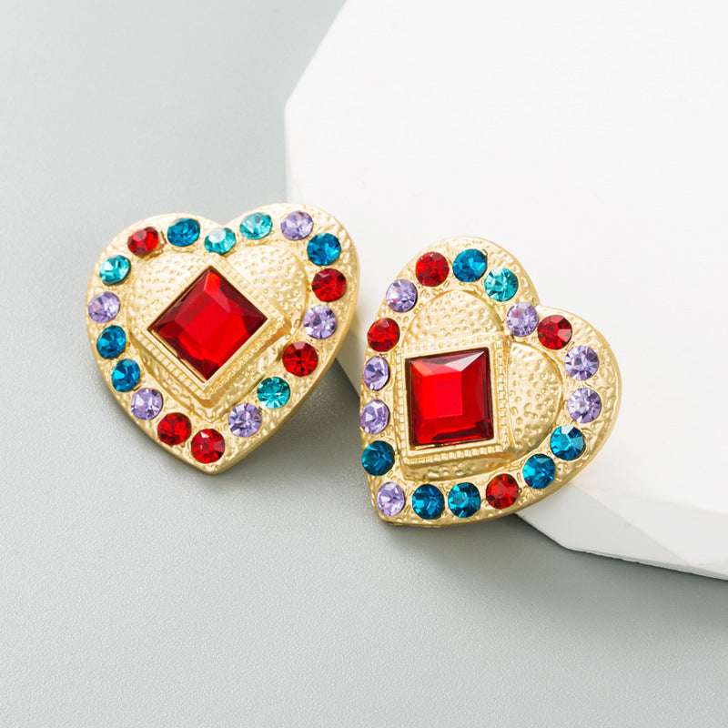 Ins Fashion Heart shaped Earrings Women's Alloy Studs with Color Rhinestones High quality Earrings