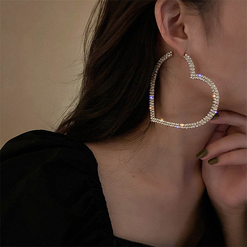 Fashion Big Heart Crystal Hoop Earrings for Women Bijoux Geometric Rhinestones Earrings Statement Jewelry Gifts