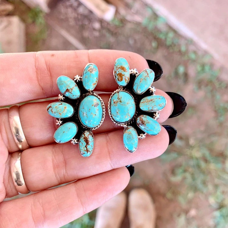 Bohemian Style Retro Geometric Flowers With Turquoise Exaggerated Earrings Earrings