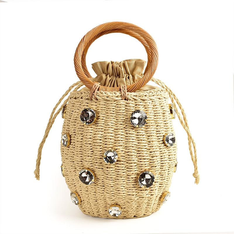 Handmade Rhinestone Crystal Embellished Straw Bag Small Straw Bucket Bags Lady Travel Purses and Handbags