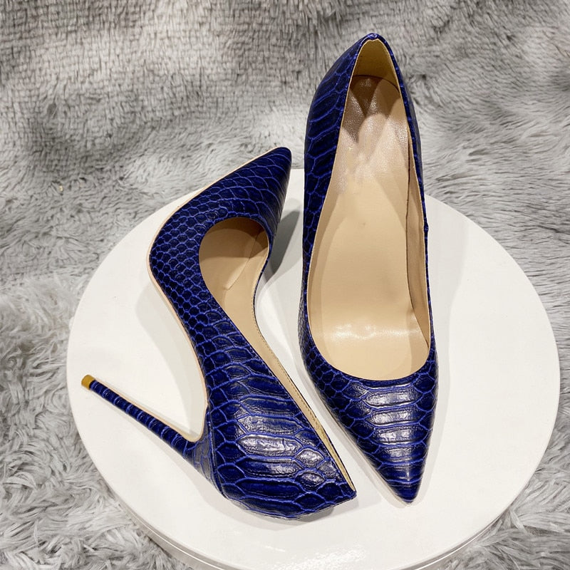 Navy Blue Crocodile Effect Pattern Women Sext Pointy Toe High Heel Shoes Chic Ladies Slip On Stiletto Pumps
