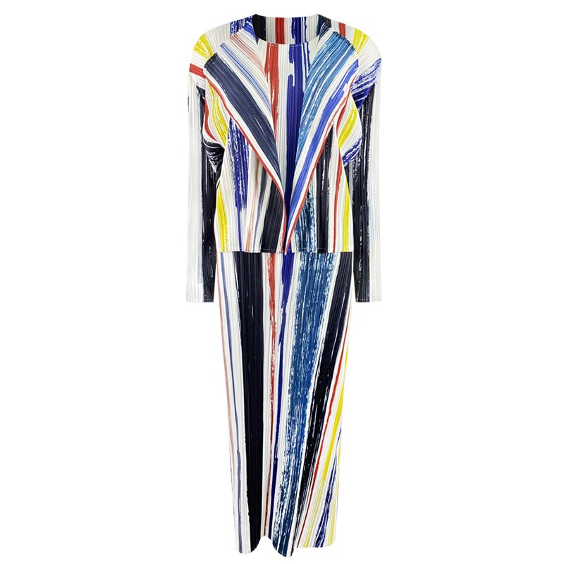 Pleated Striped Print Long Dress Jacket Two Piece Sets Korean Fashion Women Formal Dress Suits