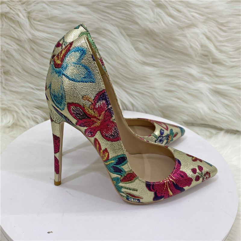 Gold Embroidered Graffiti High Heel Shoes Pointed Thin Heel Shallow Mouth Shoes Women's Shoes