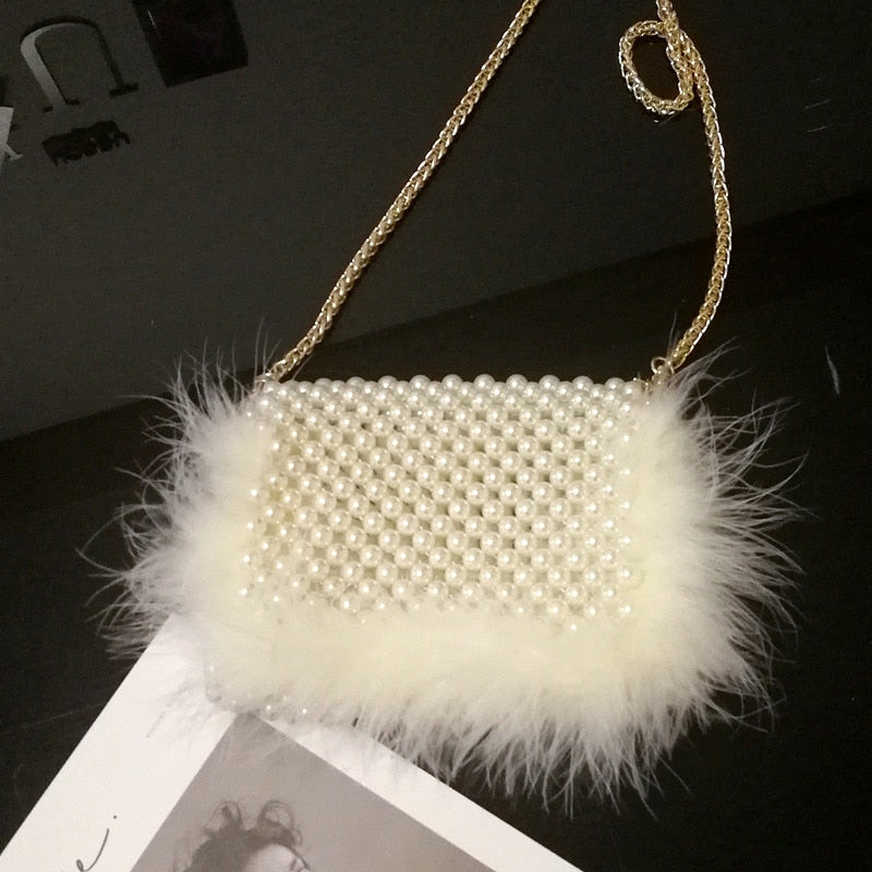 Faux Fur Pearl Evening Clutch Bag Women Handmade Pink Beaded Cover Dinner Party Purses Handbag Female Popular Cute Shoulder Bag