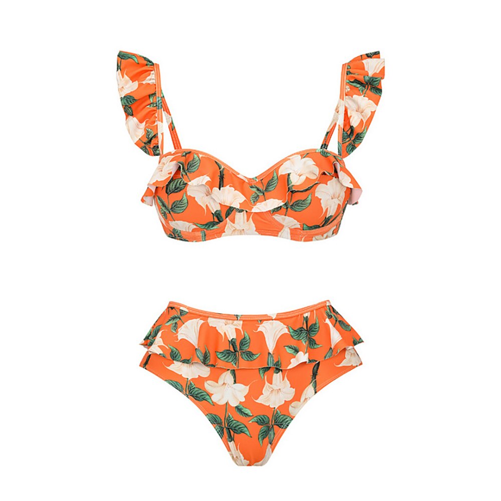 New Bikini Split Swimsuit Ruffled High Waist Printed Atmosphere Swimwear Beachwear and Wrap Skirt Set One Piece Swimsuit