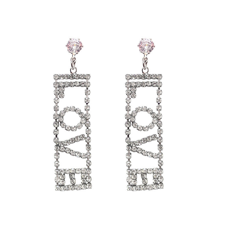 LOVE Letter Big Crystal Drop Earrings Gold Silver Color Rhinestone Dangle Earrings for Women Wedding Party Jewelry