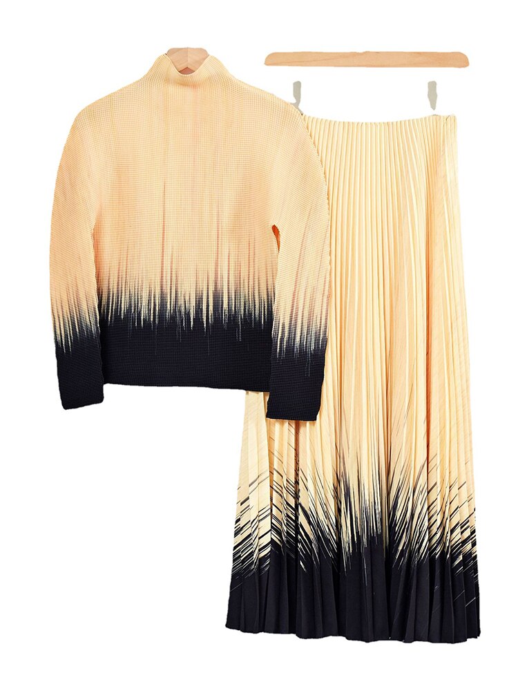 Color Block Pleated 2 Pieces Set Designer Printed Long Sleeves Tops High Waist Skirts Elegant Female Clothing 2YA957