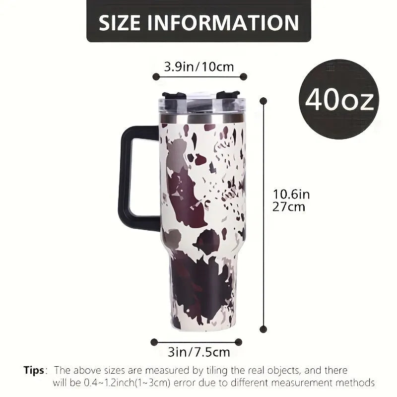 Cow Print Insulated Tumbler With Lid And Straw,Stainless Steel Coffee Tumbler with Handle,Double Vacuum Leak Proof Mug