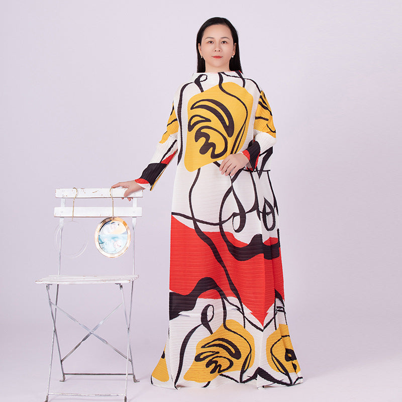 Graffiti Print Pleated Dress Women's Stand Collar Long Sleeves Loose Dresses Fashion Female Clothes
