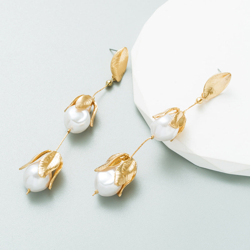 ZA Same Style Simple Artistic Temperament Artificial Pearl Petal Shaped Earrings Long Women's Dress Decorative Earrings
