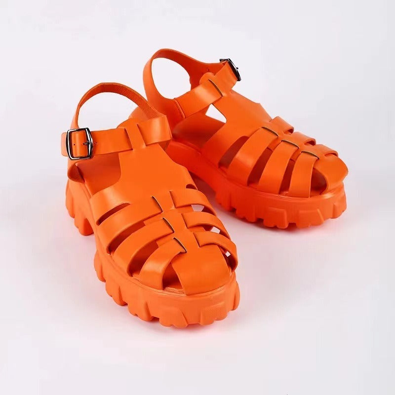 Flat Thick Sole Plastic Beach Sandals Women Round Toe Ankle Buckle Platform Sandalias