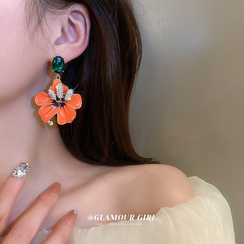 Minar Exquisite Orange Color Enamel Flowers Earring for Women Spark Rhinestone Floral Hanging Drop Earrings Party Daily Jewelry
