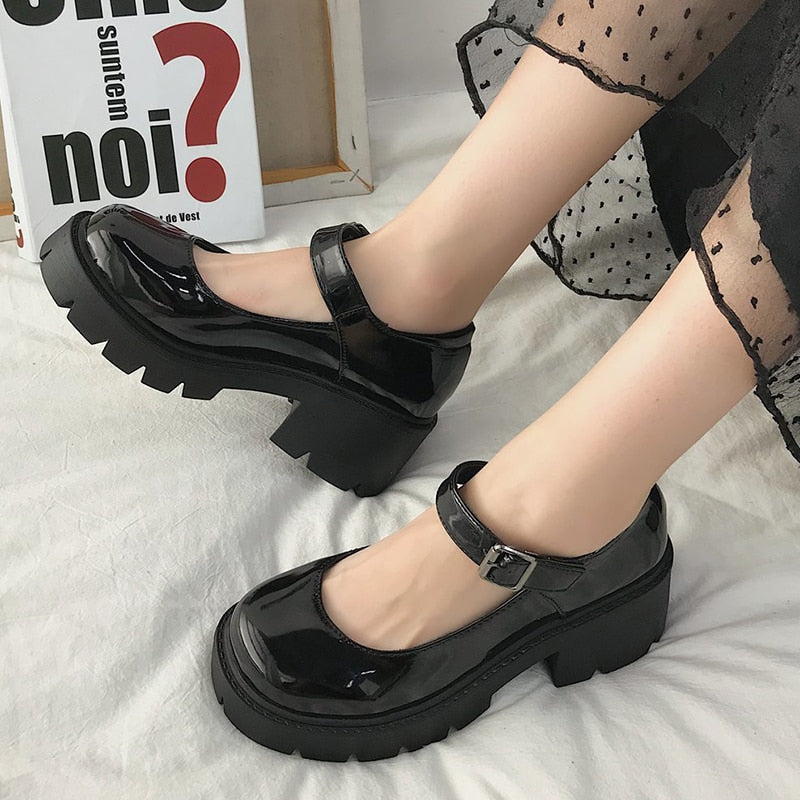 Rimocy New Black High Heels Shoes Women Pumps Fashion Patent Leather Platform Shoes Woman Round Toe Mary Jane Shoes Mujer