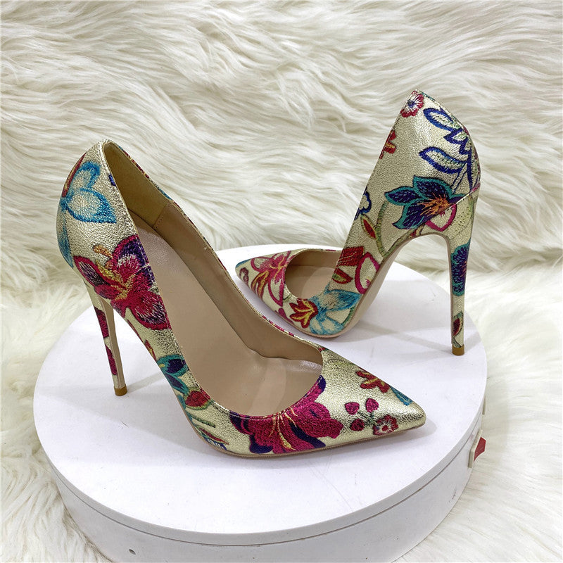 Gold Embroidered Graffiti High Heel Shoes Pointed Thin Heel Shallow Mouth Shoes Women's Shoes