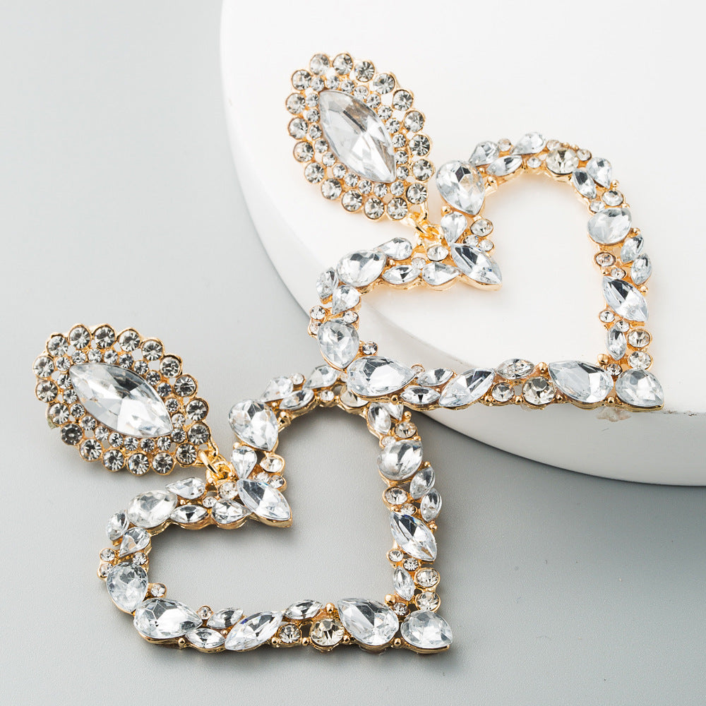 Heart-Shaped Alloy Set Rhinestone Red Earrings Exaggerated Earrings Women's Full Diamond Earrings