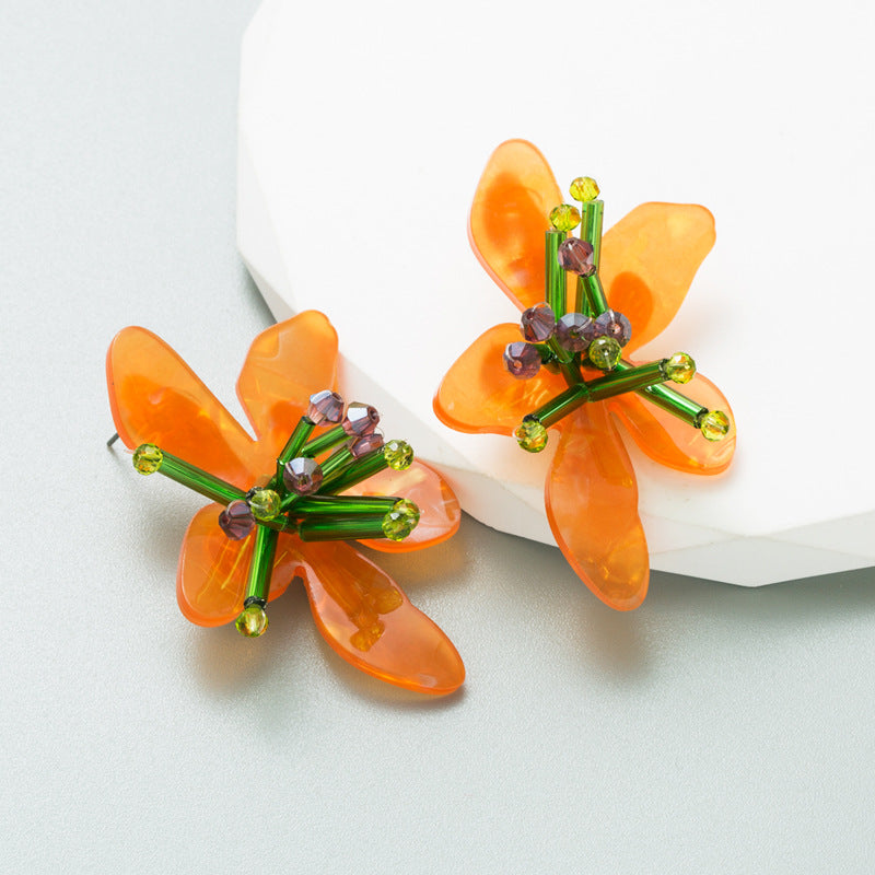 ZA Fresh Colorful Acrylic Flower Earrings Exaggerated Hand-Woven Flower Petal Earrings