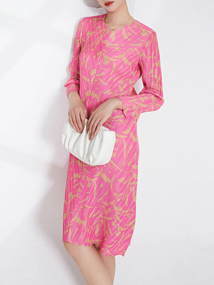 Printed Pleated Dress For Women V-neck Long Sleeves Spliced A-line Dresses Female Clothing