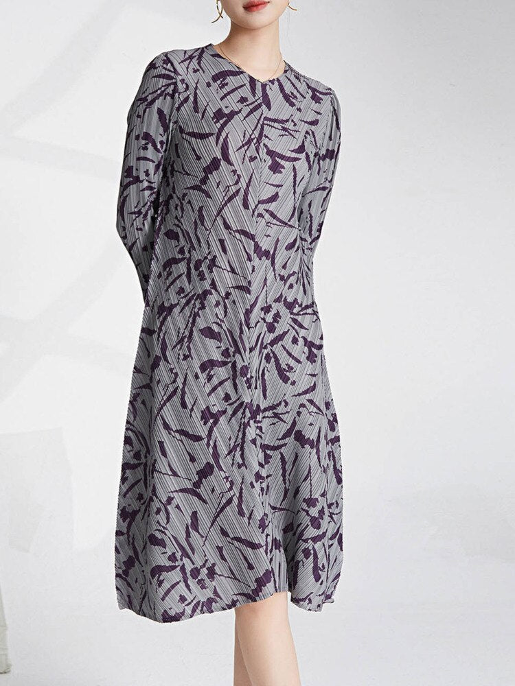 Printed Pleated Dress For Women V-neck Long Sleeves Spliced A-line Dresses Female Clothing