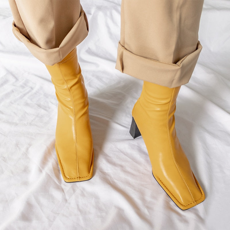 Yellow Square Toe Women Ankle Boots Chunky High Heel Elastic Boot Female Slim Fit Sock Boots Fashion