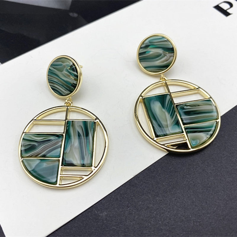 High sense of retro green geometric stitching earrings female niche design sense of atmospheric exaggerated earrings new