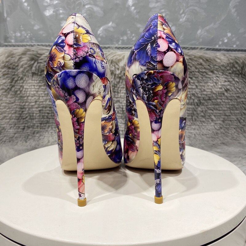 Veowalk Flowers Paiting Print Women Glossy Pointy Toe Stiletto Pumps Chic Designer Ladies Slip On High Heel Shoes for Party
