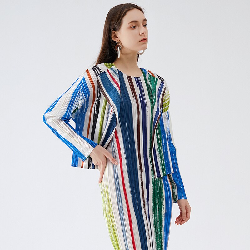 Pleated Striped Print Long Dress Jacket Two Piece Sets Korean Fashion Women Formal Dress Suits