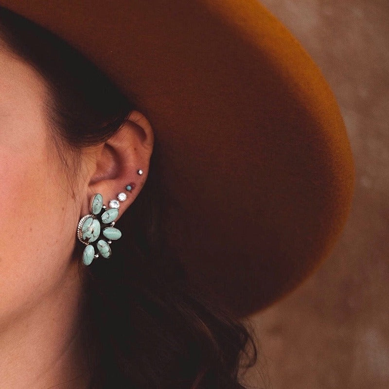 Bohemian Style Retro Geometric Flowers With Turquoise Exaggerated Earrings Earrings