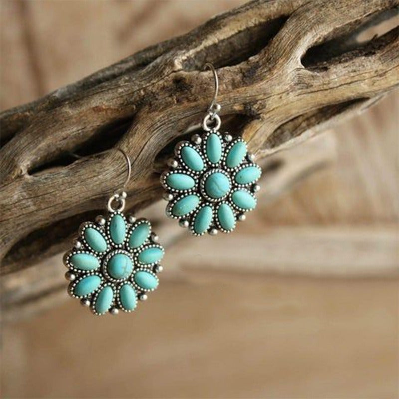 European and American Retro Ethnic Style Inlaid Turquoise Water Drop Alloy Earrings Exaggerated Personality Flower Earrings