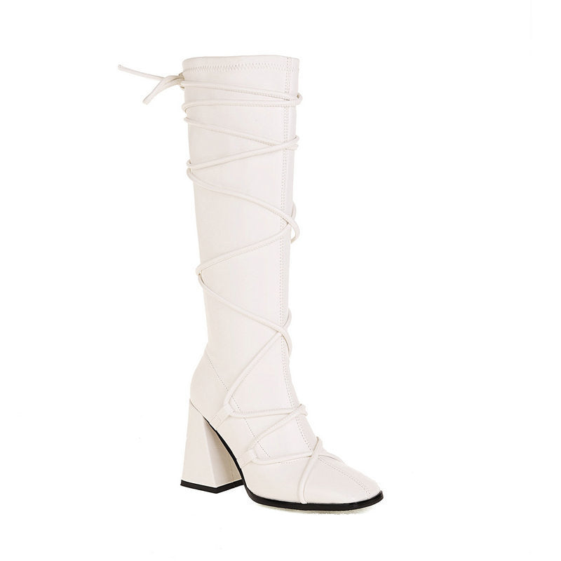 Ladies Black High Heels Stretch Knee High Boots Women Autumn Winter Punk Style Long Boots Shoes