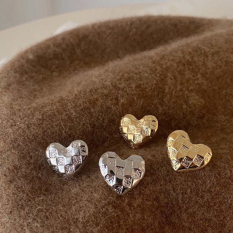 Checkerboard Gold Heart Earrings Female Niche Personality Simple All-Match Temperament Earrings