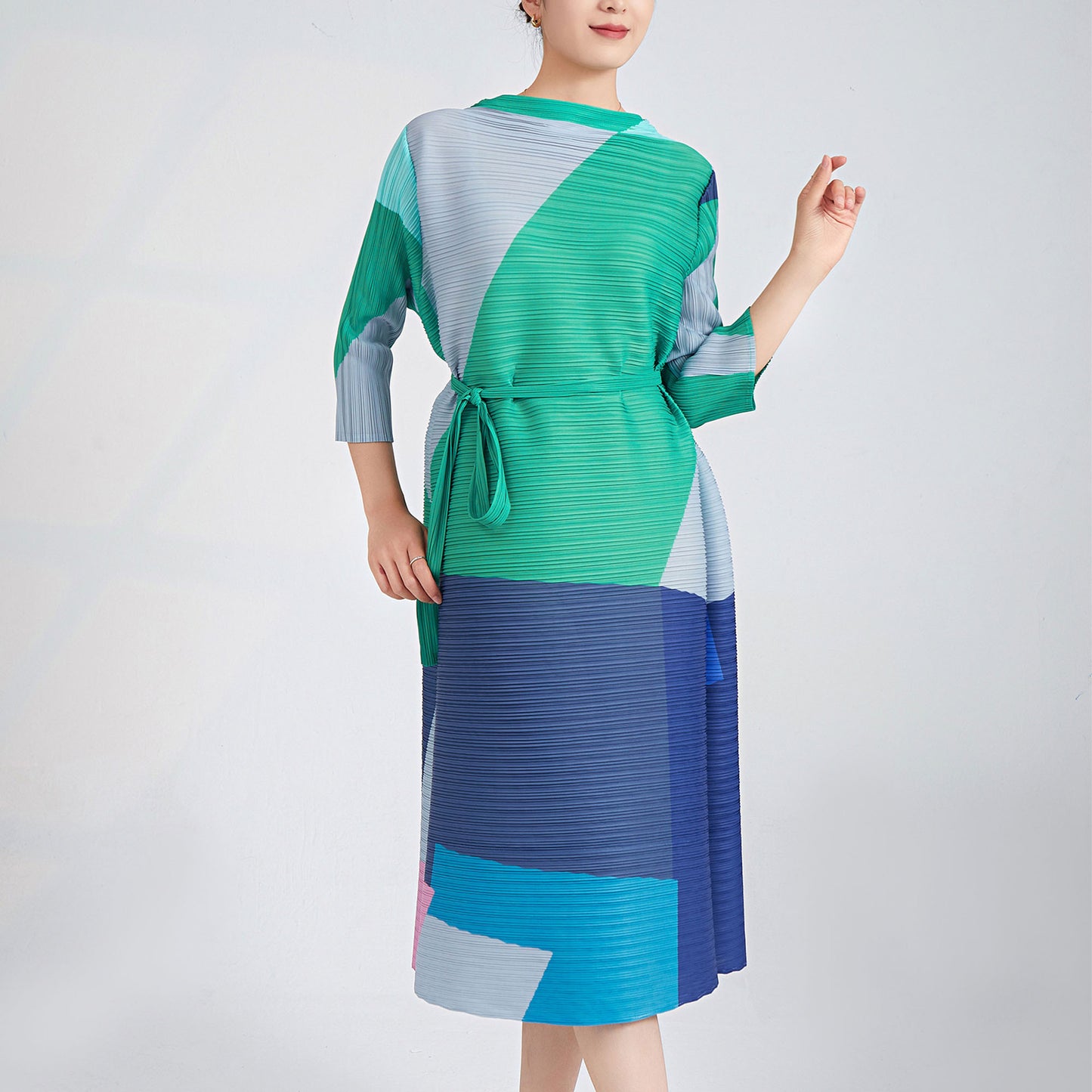 Pleated Belt Dress For Women Round Neck Long Sleeves Contrast Color Elegant Dresses Female Clothing